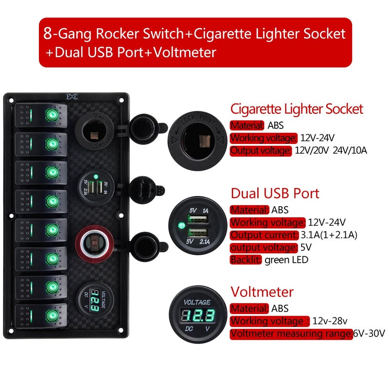 FXC Waterproof Marine Boat Rocker Switch Panel 8 Gang with Dual USB Slot Socket + Cigarette Lighter and Adapter + Digital Voltage Display LED Light for Car Rv Vehicles Truck (8 Gang Green Light) - Image 3